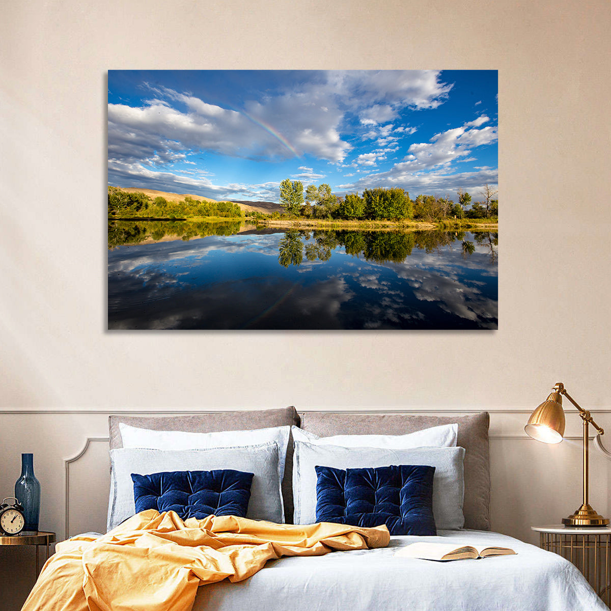 Boise River Rainbow Reflection Wall Art in a room, landscape