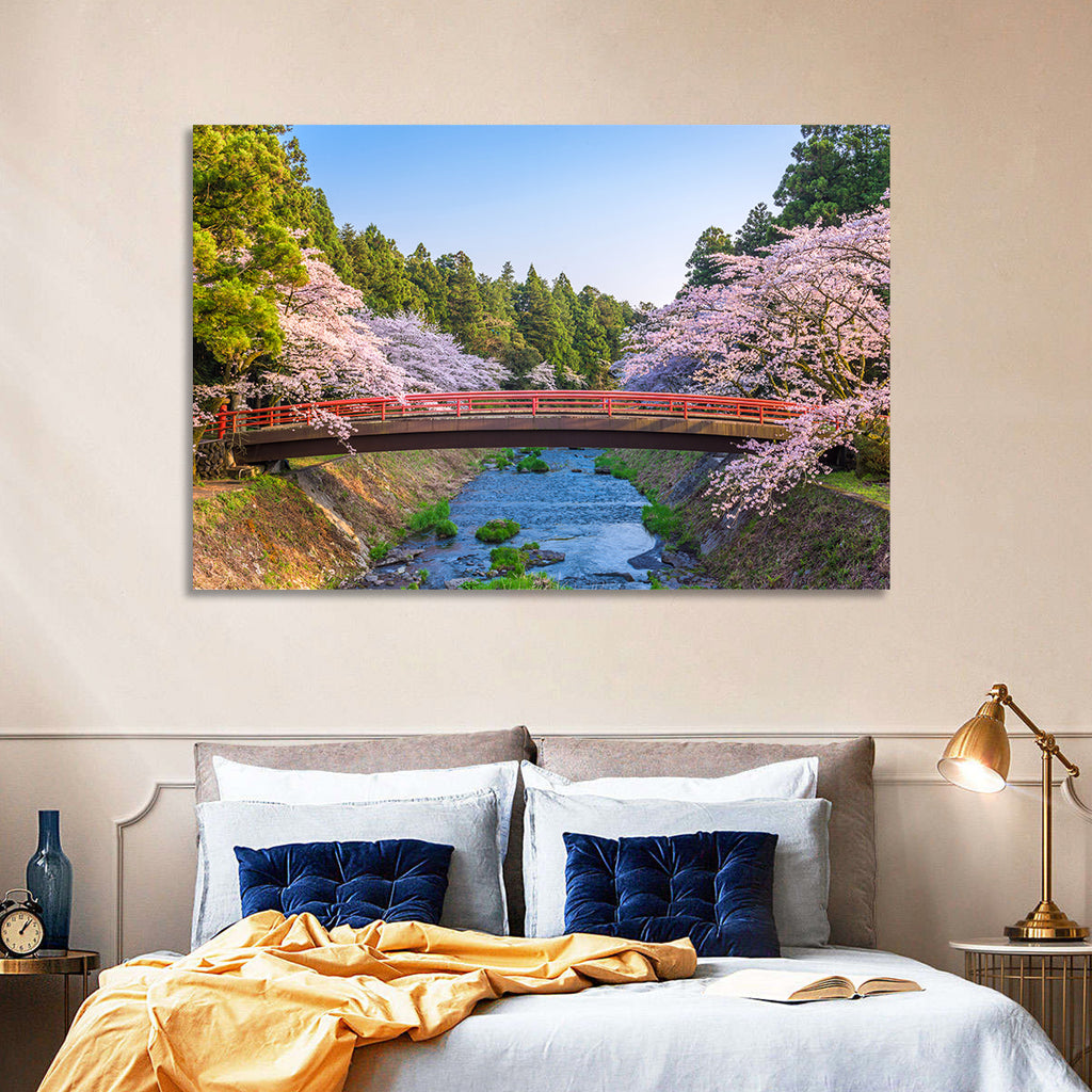 Arched Red Bridge with Cherry Blossoms Wall Art
