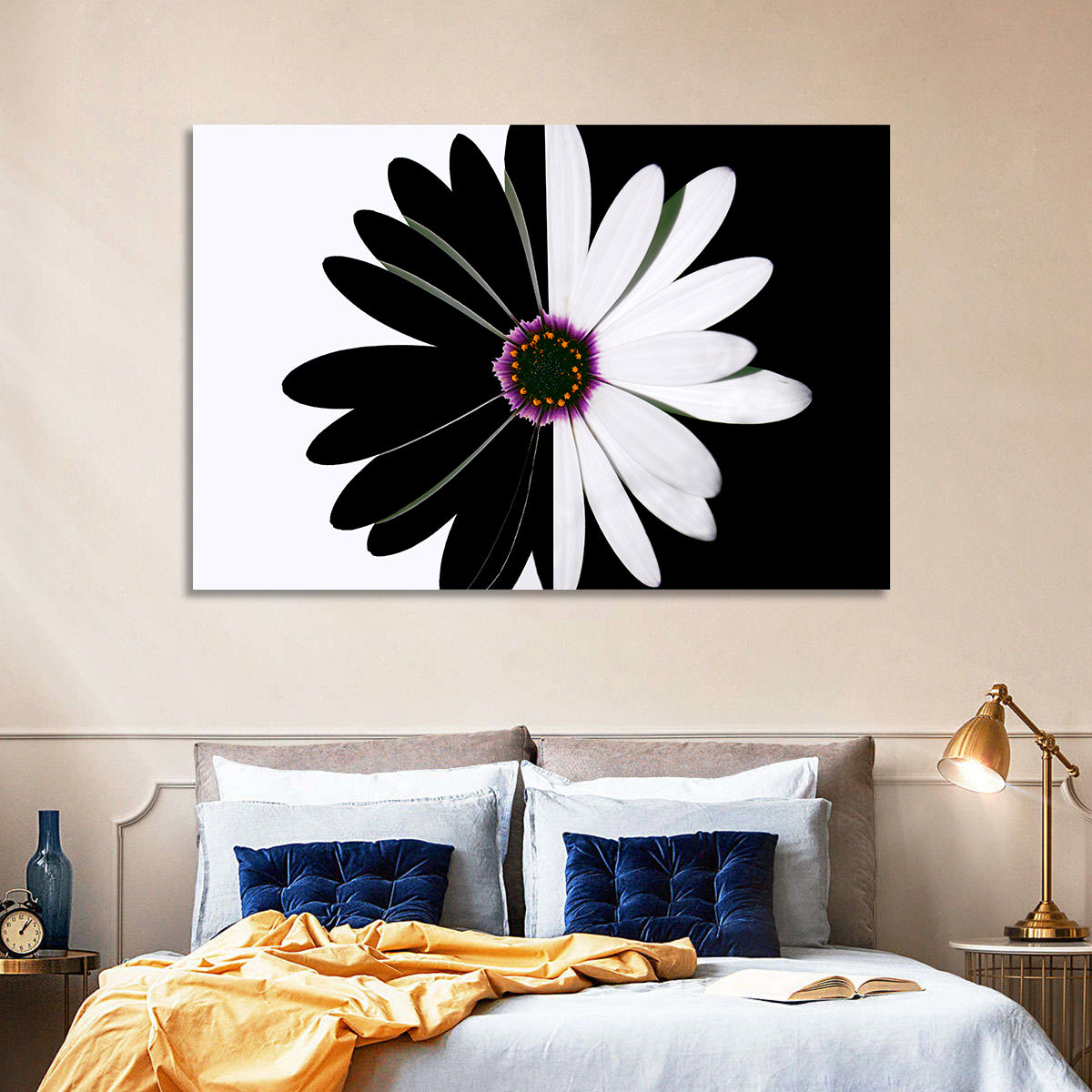 Black and White Daisy with Purple Ring Wall Art