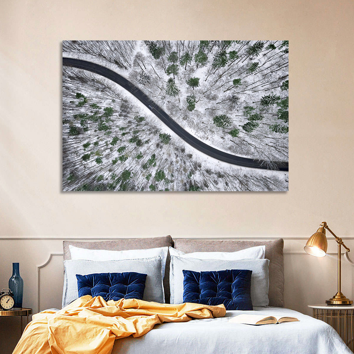 Snowy Forest Road Wall Art in a room, landscape