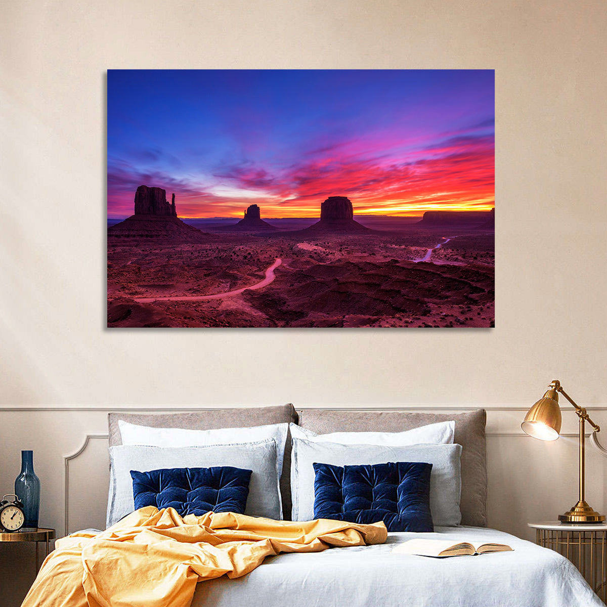 Monument Valley Arizona Sunset Wall Art in a room, landscape