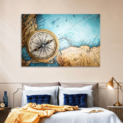 Vintage Compass Over Atlantic Map Wall Art