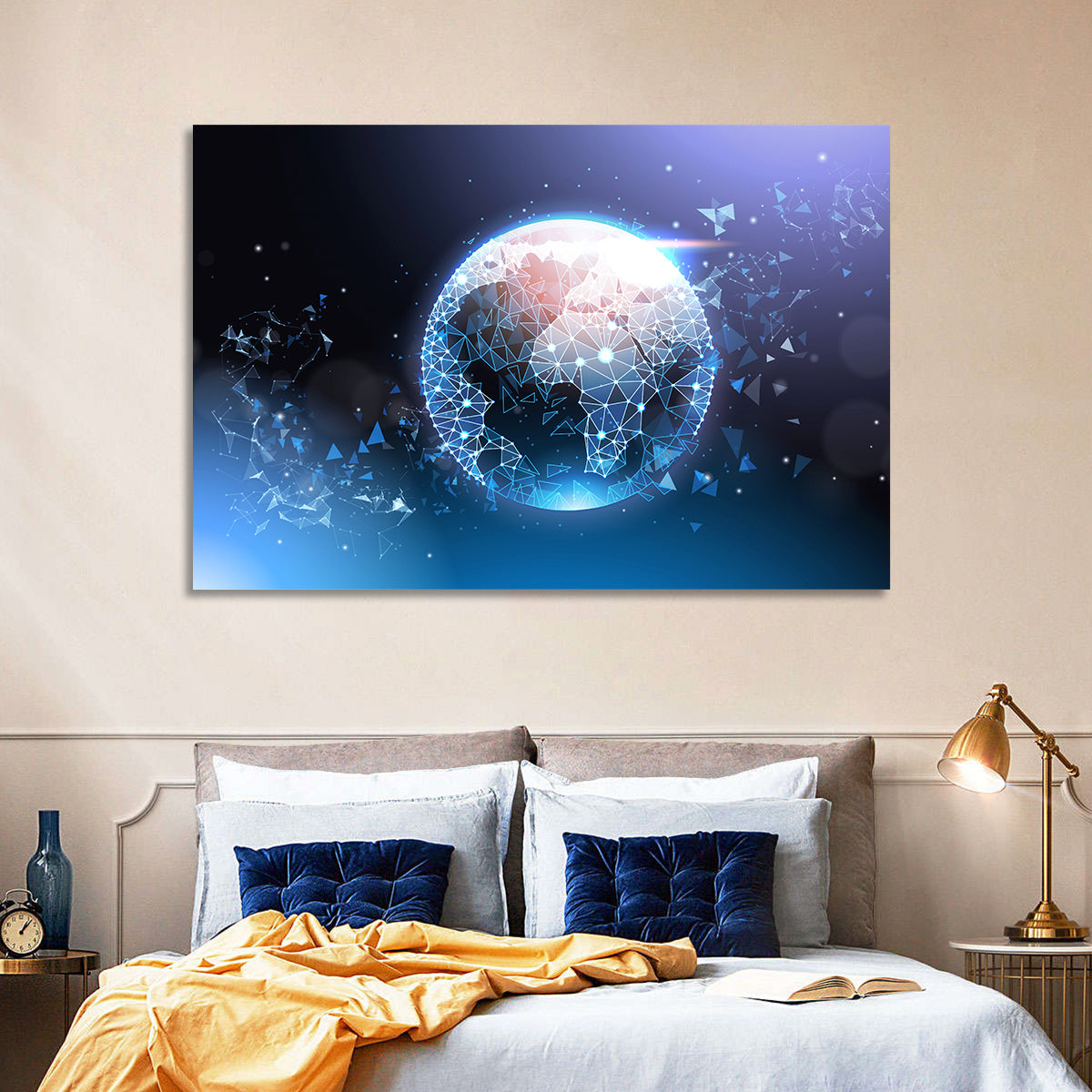 Wireframe Globe Network Wall Art in a room, landscape