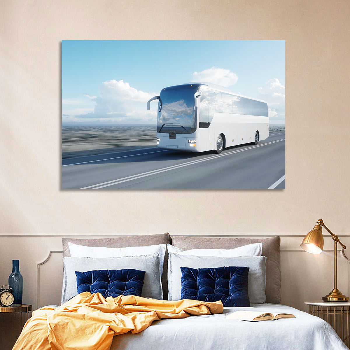 Desert Highway Tour Bus Wall Art in a room, landscape