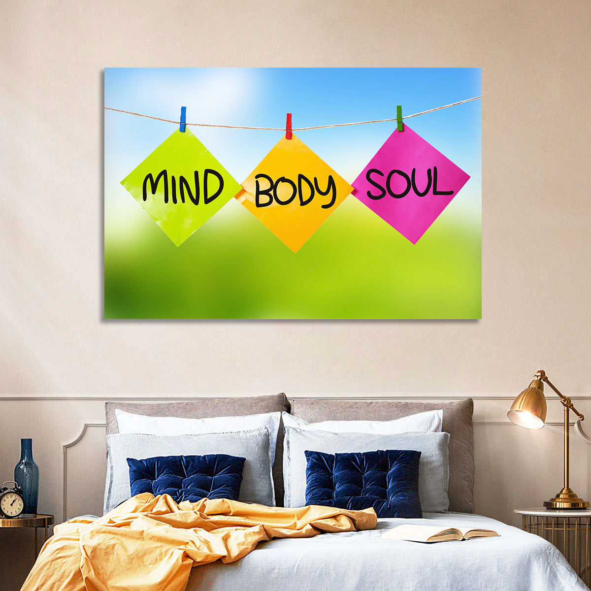 Mind Body Soul Paper Trio Wall Art in a room, landscape