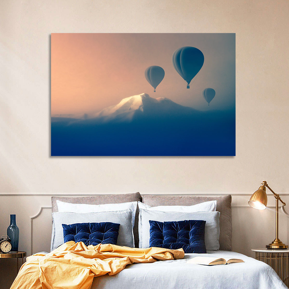 Three Hot Air Balloons Over Misty Peak Wall Art
