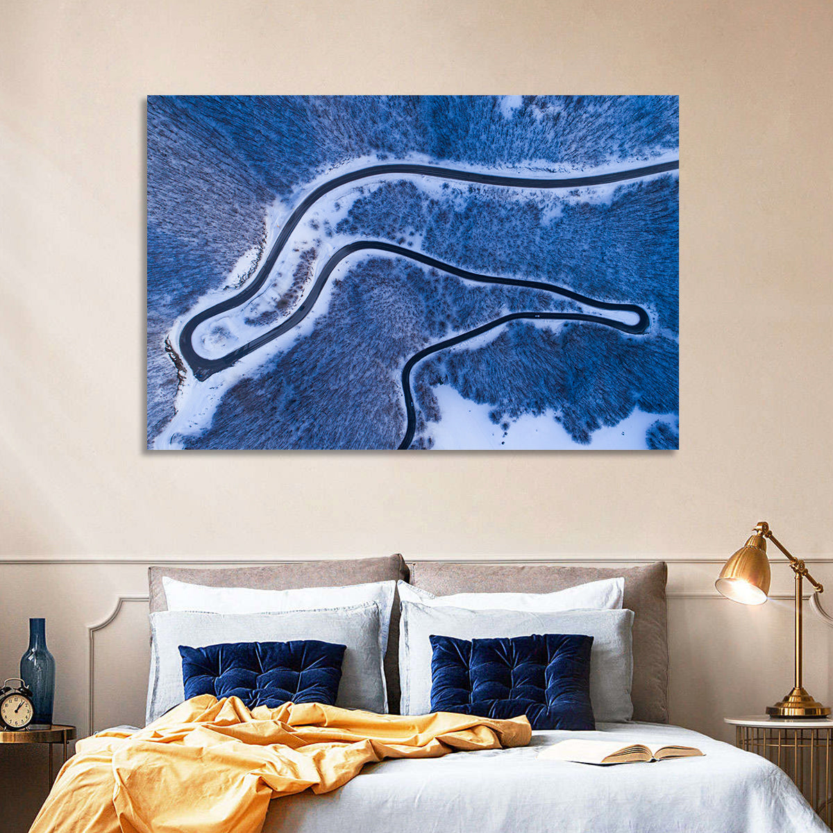 Montenegro Snowy Mountain Road Wall Art in a room, landscape