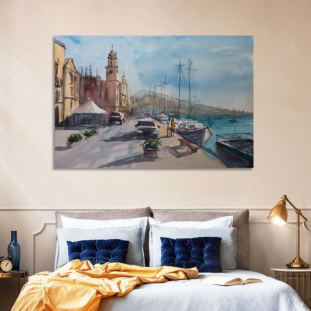 Valette Harbor Sketch Wall Art in a room, landscape