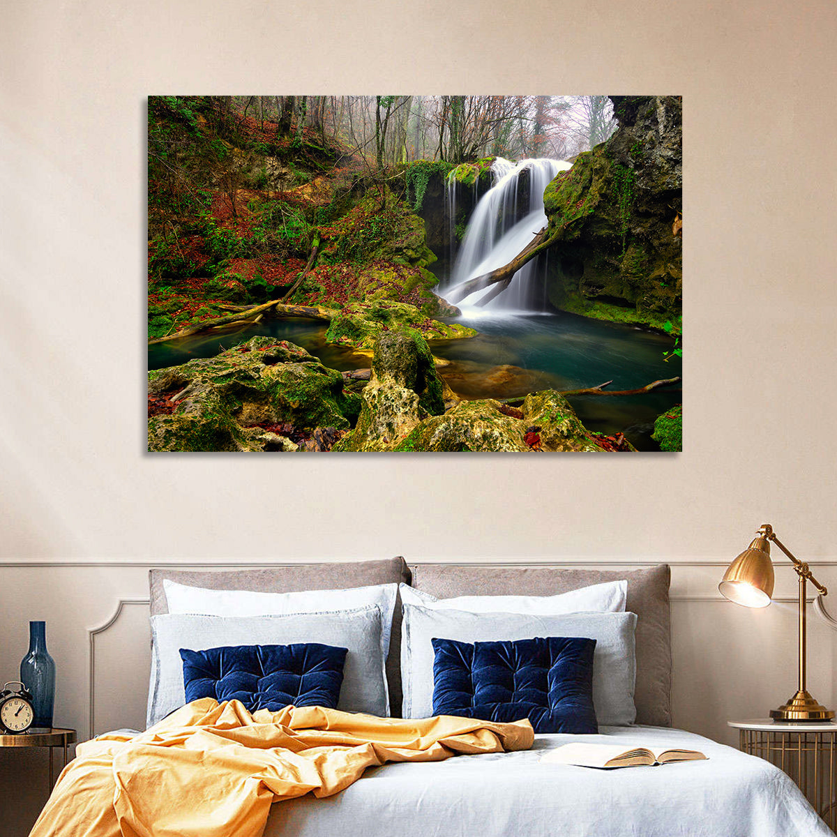 Cheile Nerei Mossy Waterfall Wall Art in a room, landscape