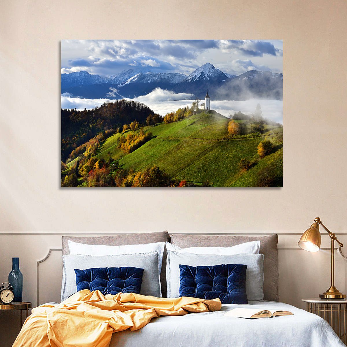 Jamnik Church on Misty Hill Wall Art in a room, landscape