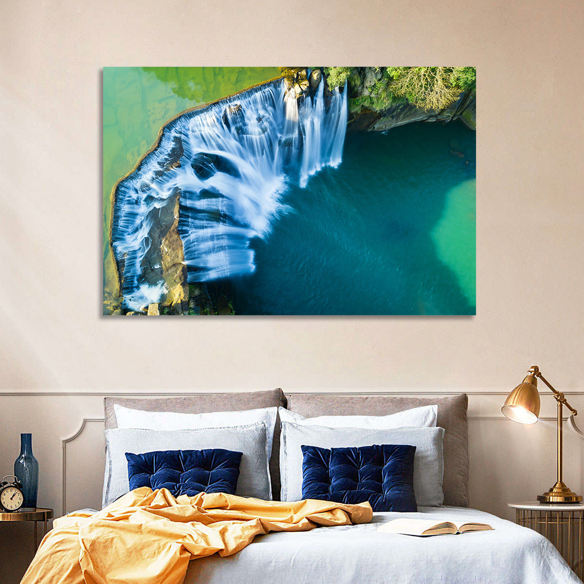 Shifen Waterfall Aerial Wall Art in a room, landscape
