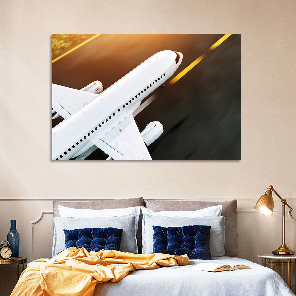 Commercial Jet Takeoff at Sunset Wall Art in a room, landscape