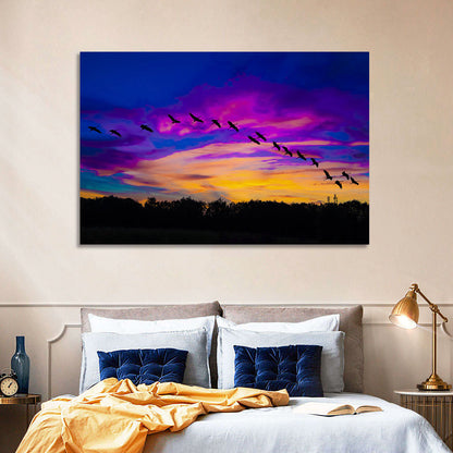 Silhouetted Cranes at Dusk Wall Art