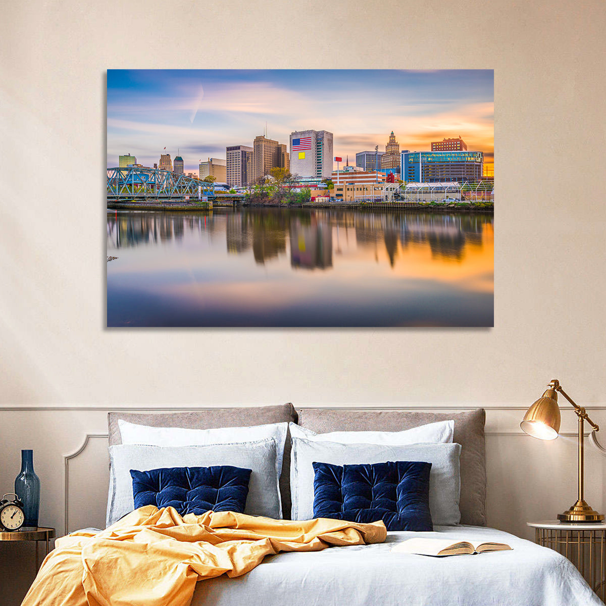 Providence Skyline at Golden Hour Wall Art in a room, landscape