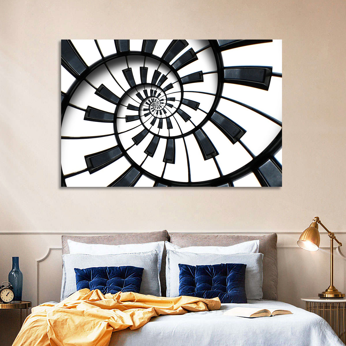 Recursive Spiral Piano Keys Wall Art in a room, landscape