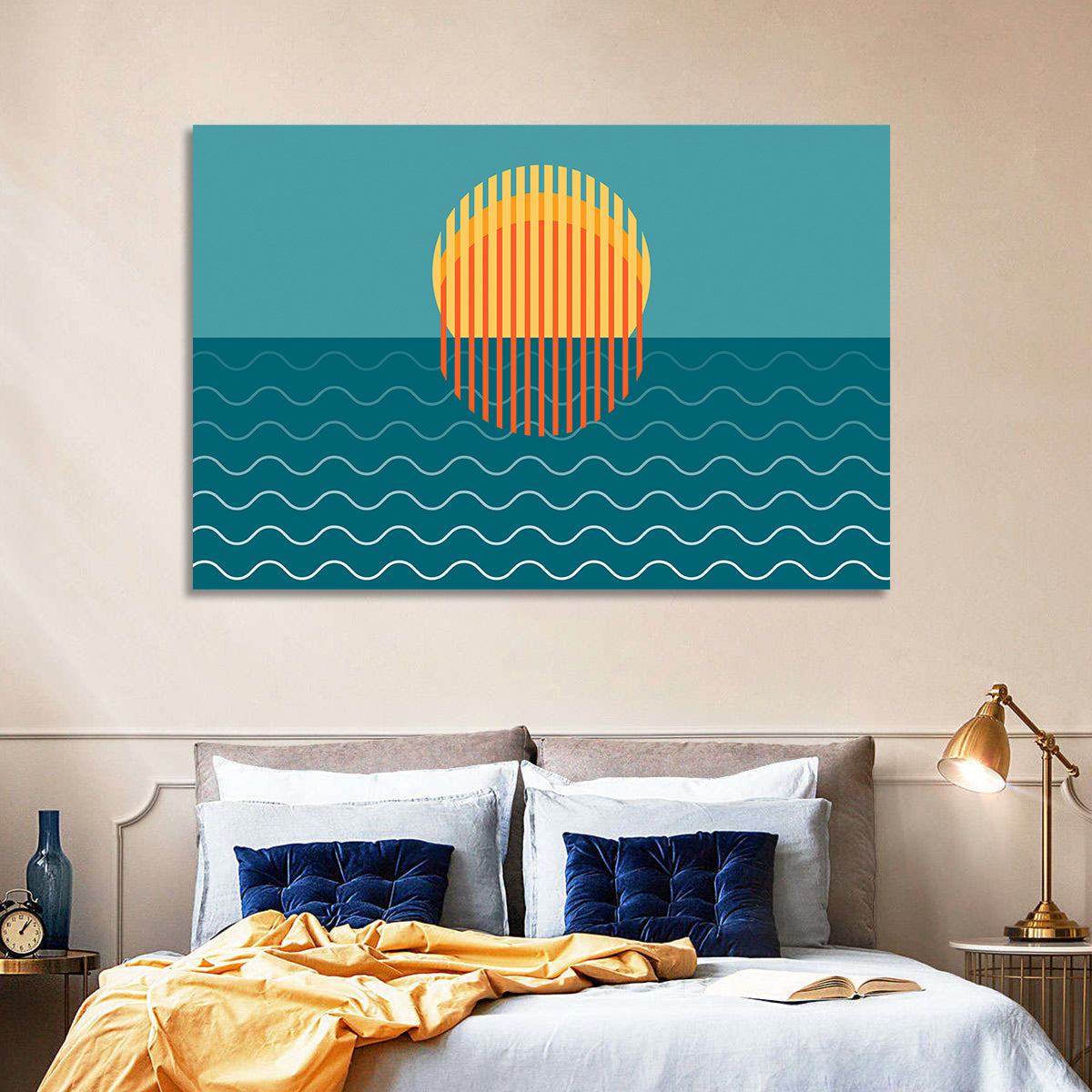 Teal Ocean Sunset Illustration Wall Art in a room, landscape
