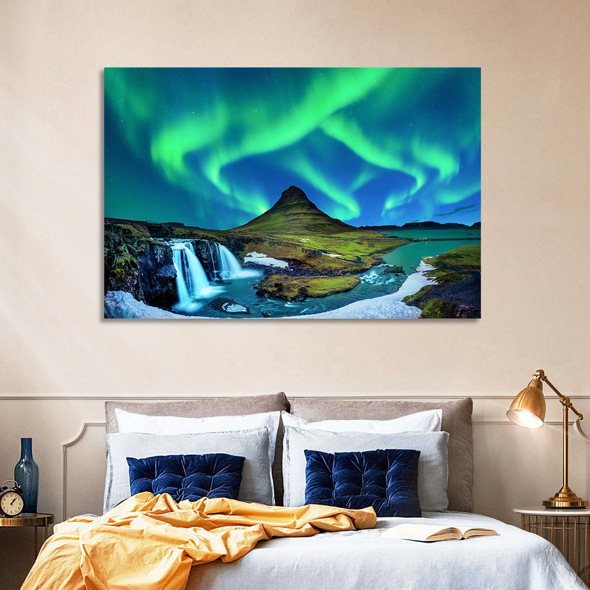 Kirkjufell Northern Lights Wall Art in a room, landscape
