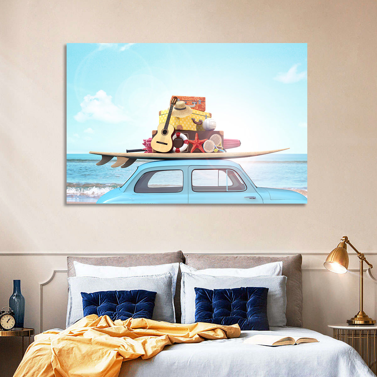 Vintage Car with Surfboard Wall Art in a room, landscape