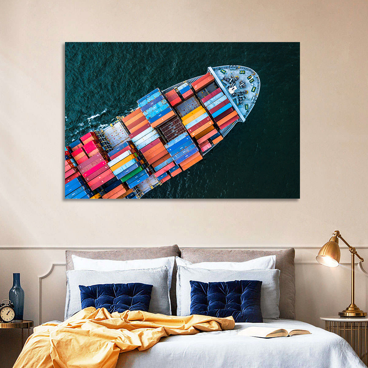 Container Ship Aerial View Wall Art in a room, landscape