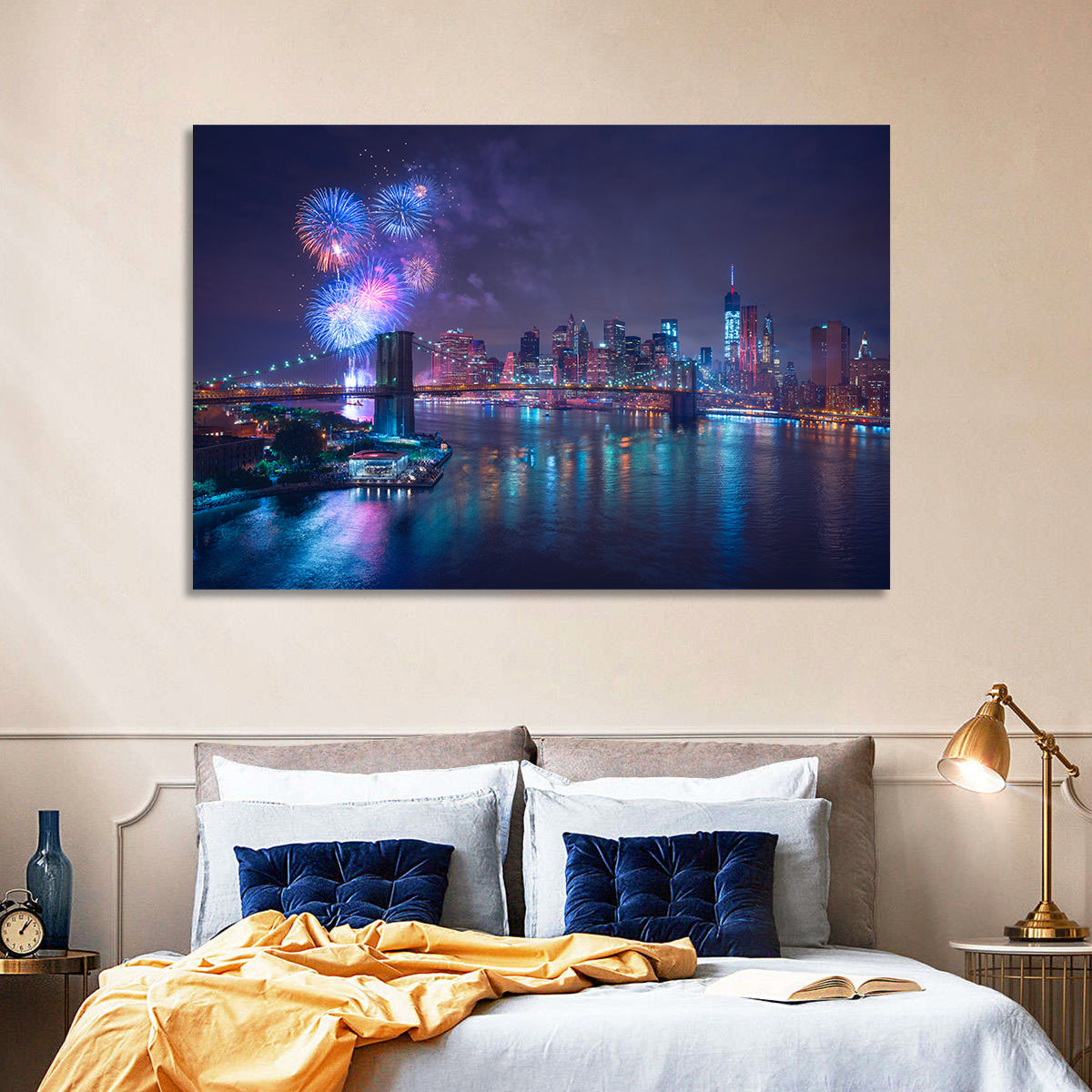 Fireworks Over Brooklyn Bridge Wall Art in a room, landscape