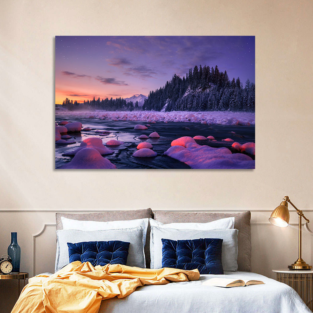 Twilight River and Snowy Pines Wall Art