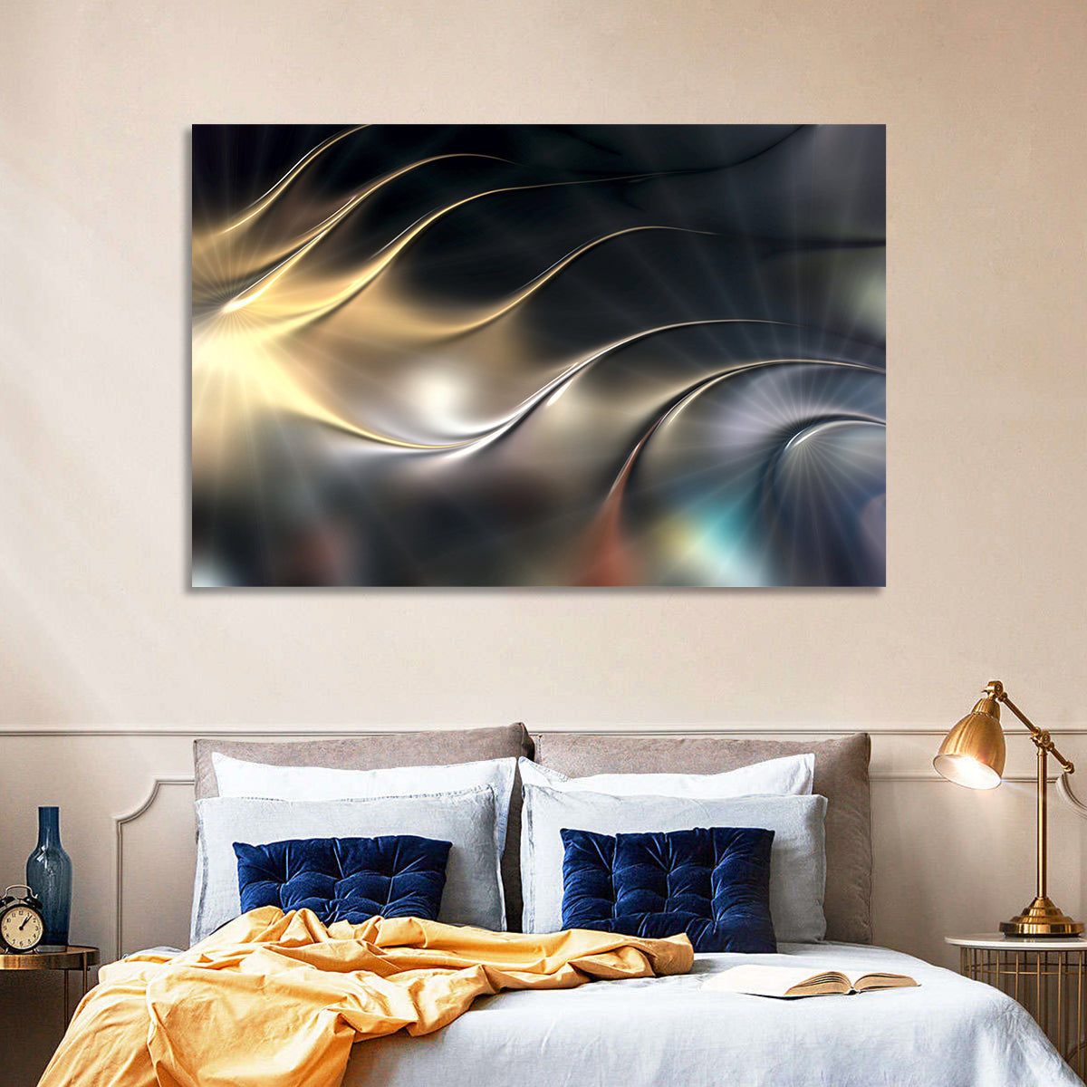 Luminous Metallic Wave Wall Art in a room, landscape