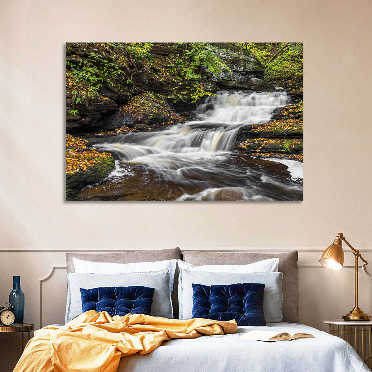 Cascading Autumn Waterfall Wall Art in a room, landscape