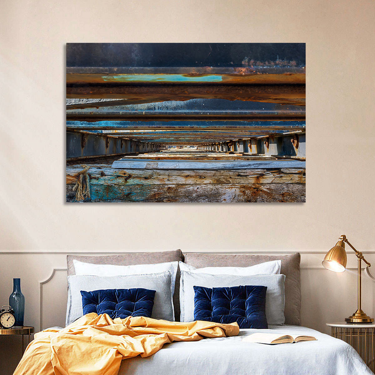 Weathered Dock Perspective Wall Art in a room, landscape
