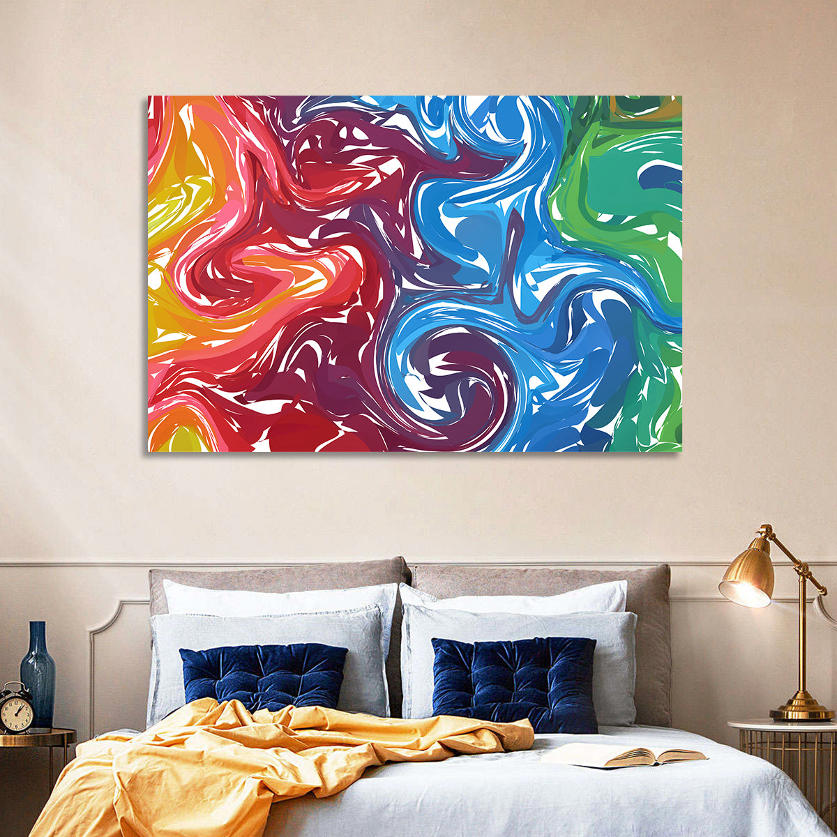 Marbled Color Flow Abstract Wall Art in a room, landscape