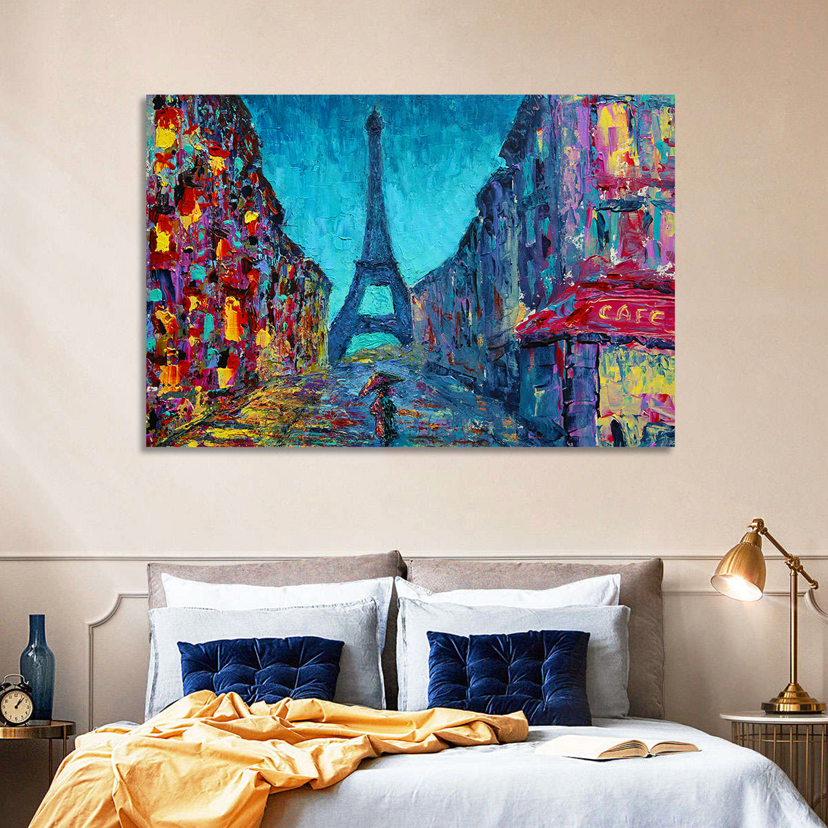Rainy Paris Street with Eiffel Tower Wall Art in a room, landscape