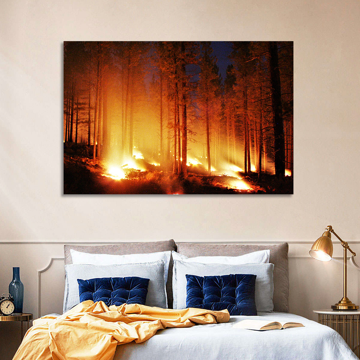 Night Forest Fire Wall Art in a room, landscape