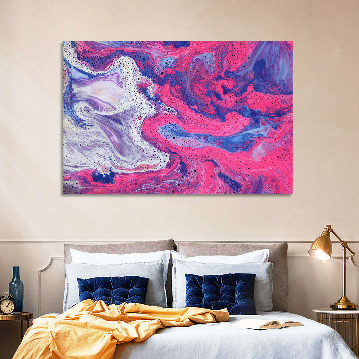 Magenta Bubble Fluid Abstraction Wall Art in a room, landscape
