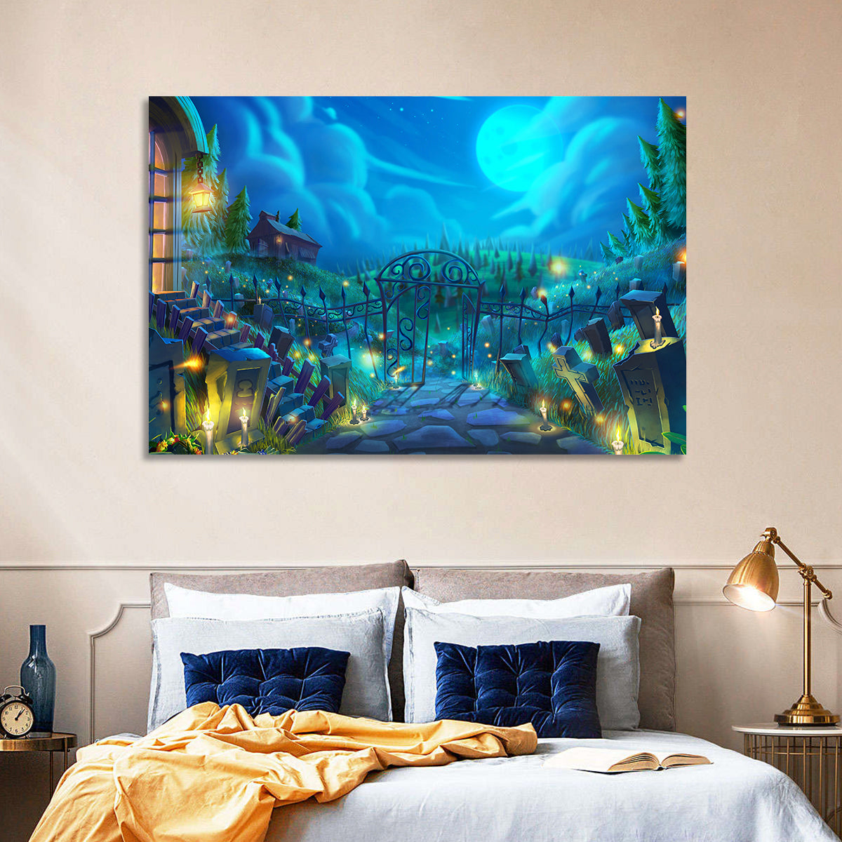 Halloween Cemetery Gate Illustration Wall Art in a room, landscape