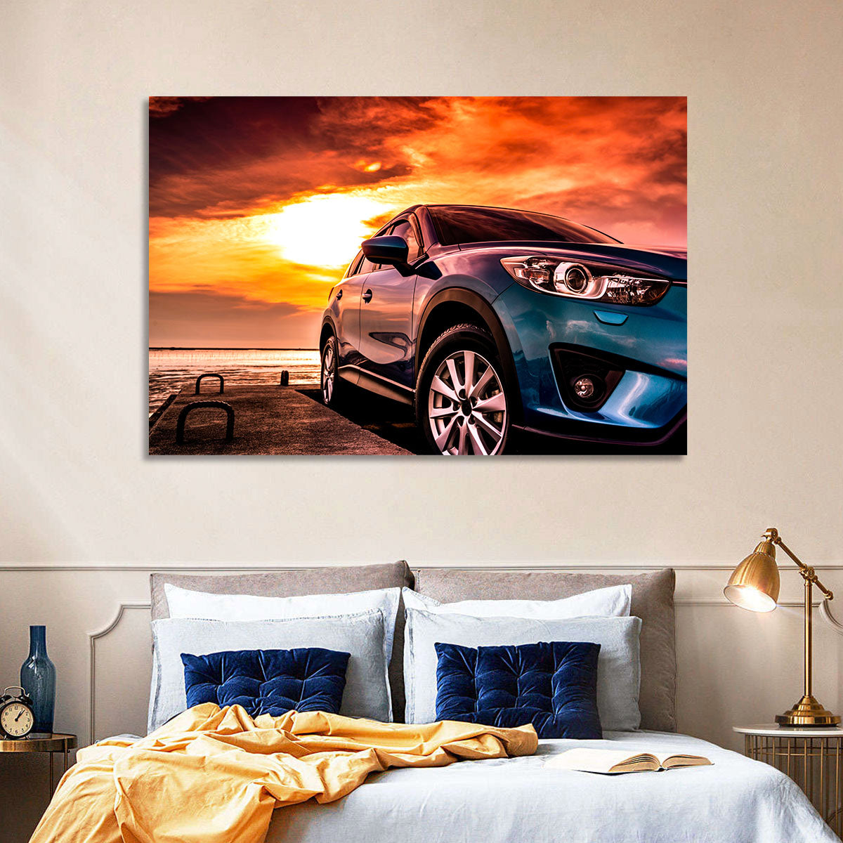 Suv on Pier at Sunset Wall Art