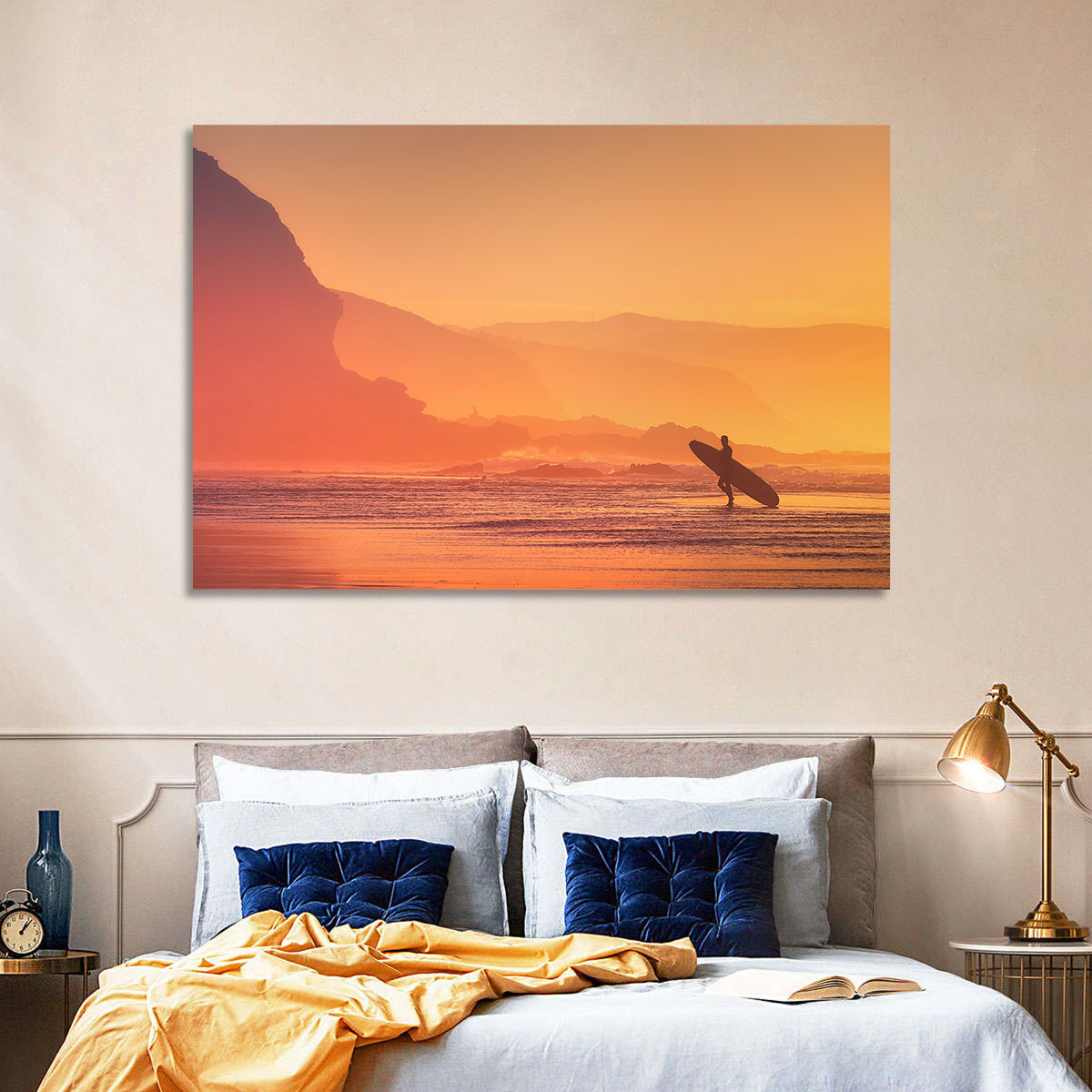 Surfer Silhouette at Golden Sunset Wall Art in a room, landscape