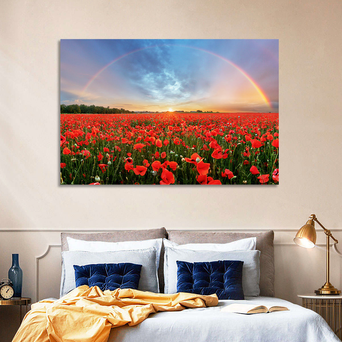 Poppy Field with Double Rainbow Wall Art in a room, landscape