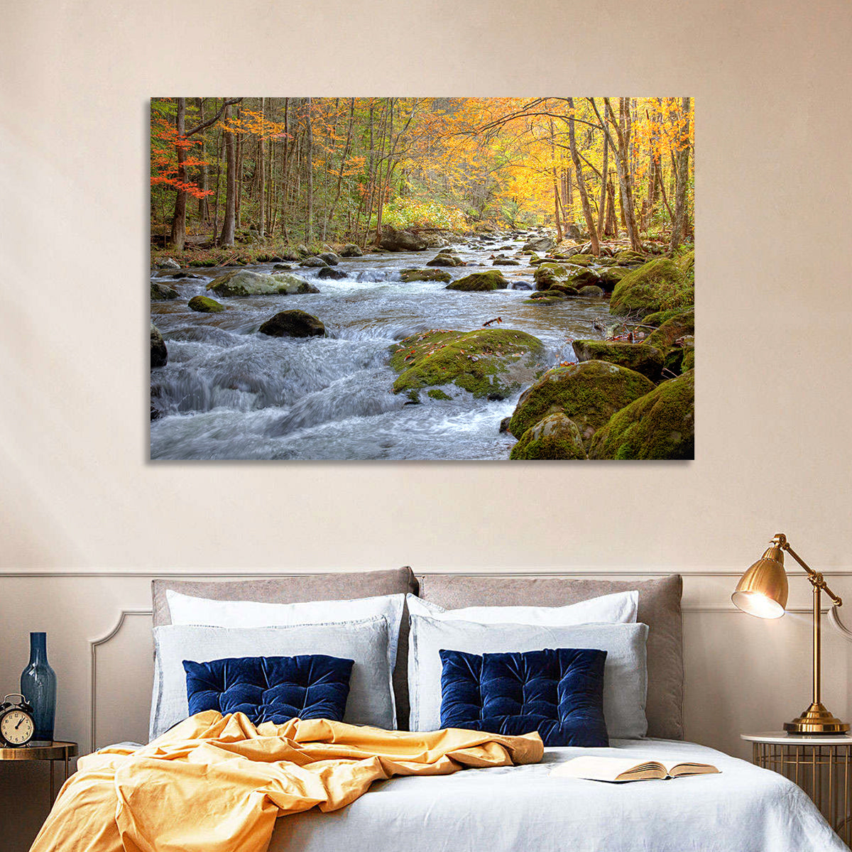 Autumn Mountain Stream Wall Art in a room, landscape