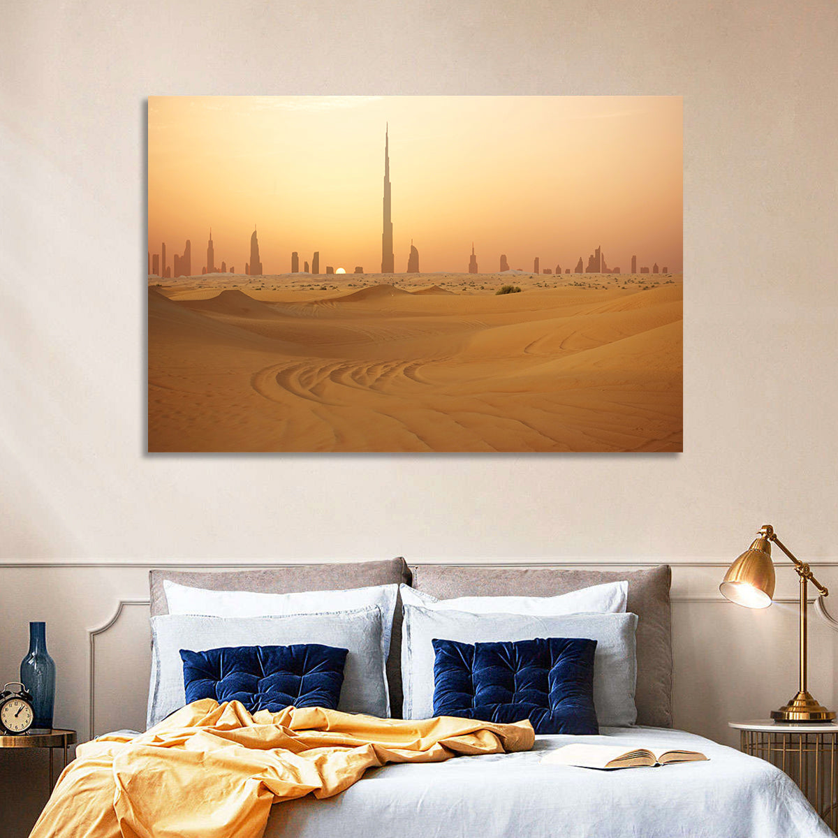Dubai Skyline at Sunset Wall Art in a room, landscape