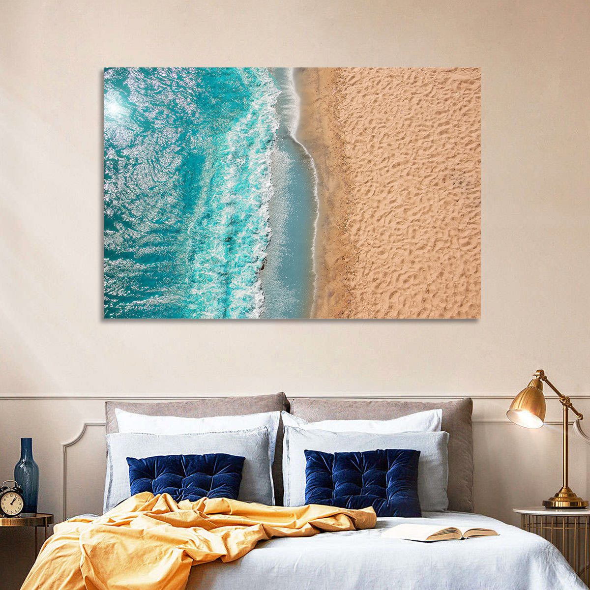 Turquoise Coastline Aerial Wall Art in a room, landscape