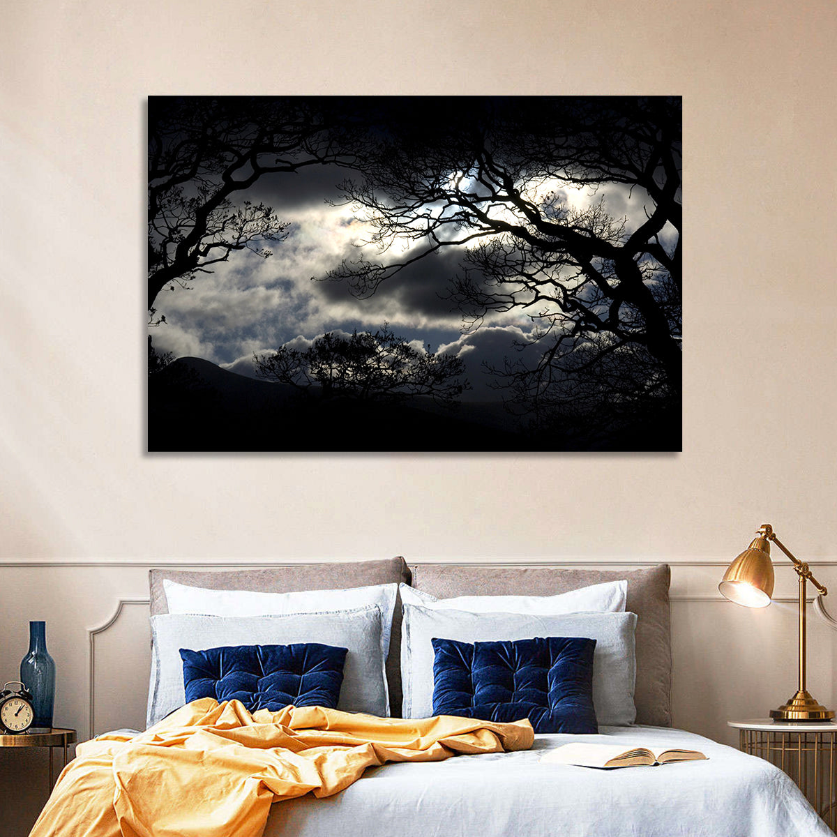 Storm Clouds Over Silhouetted Trees Wall Art in a room, landscape