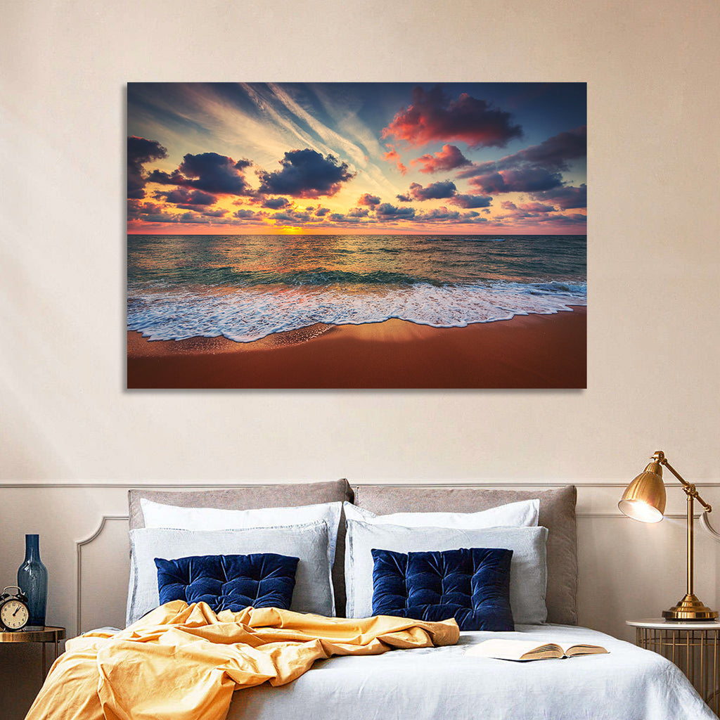 Golden Hour Beach Waves Under Cloudy Sky Wall Art