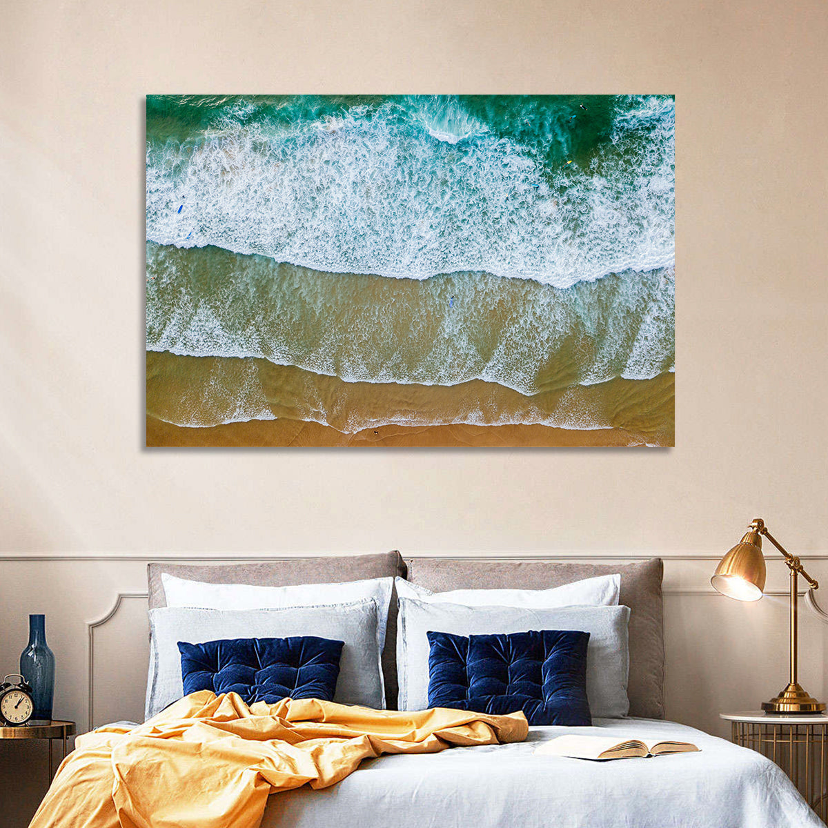 Aerial Teal Beach with Surfers Wall Art