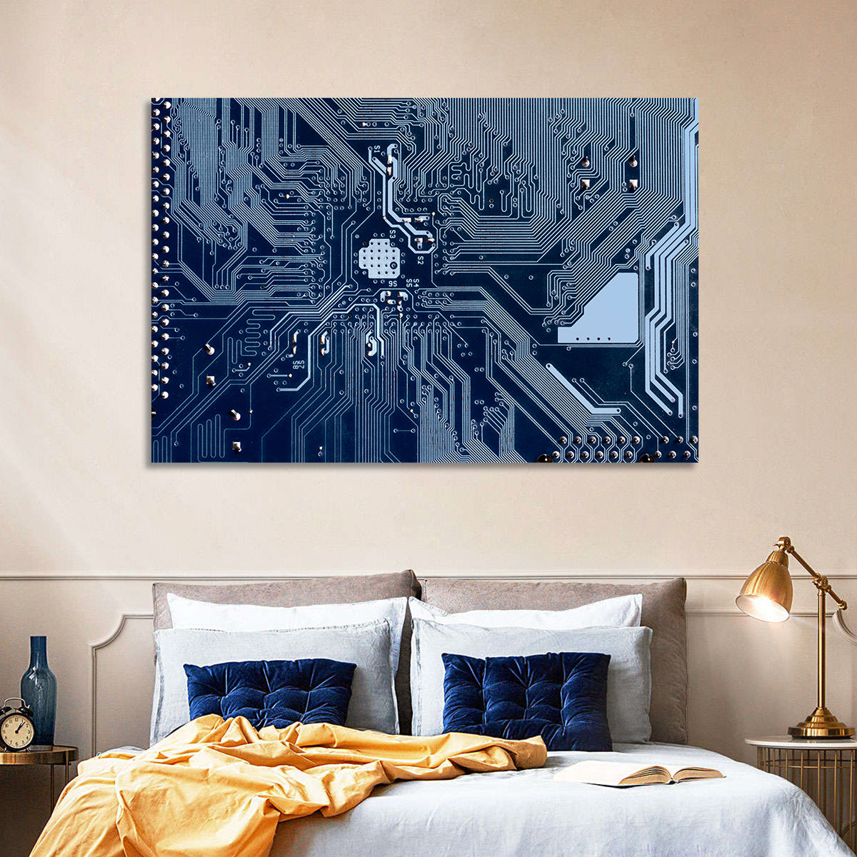 Blue Circuit Board Wall Art in a room, landscape
