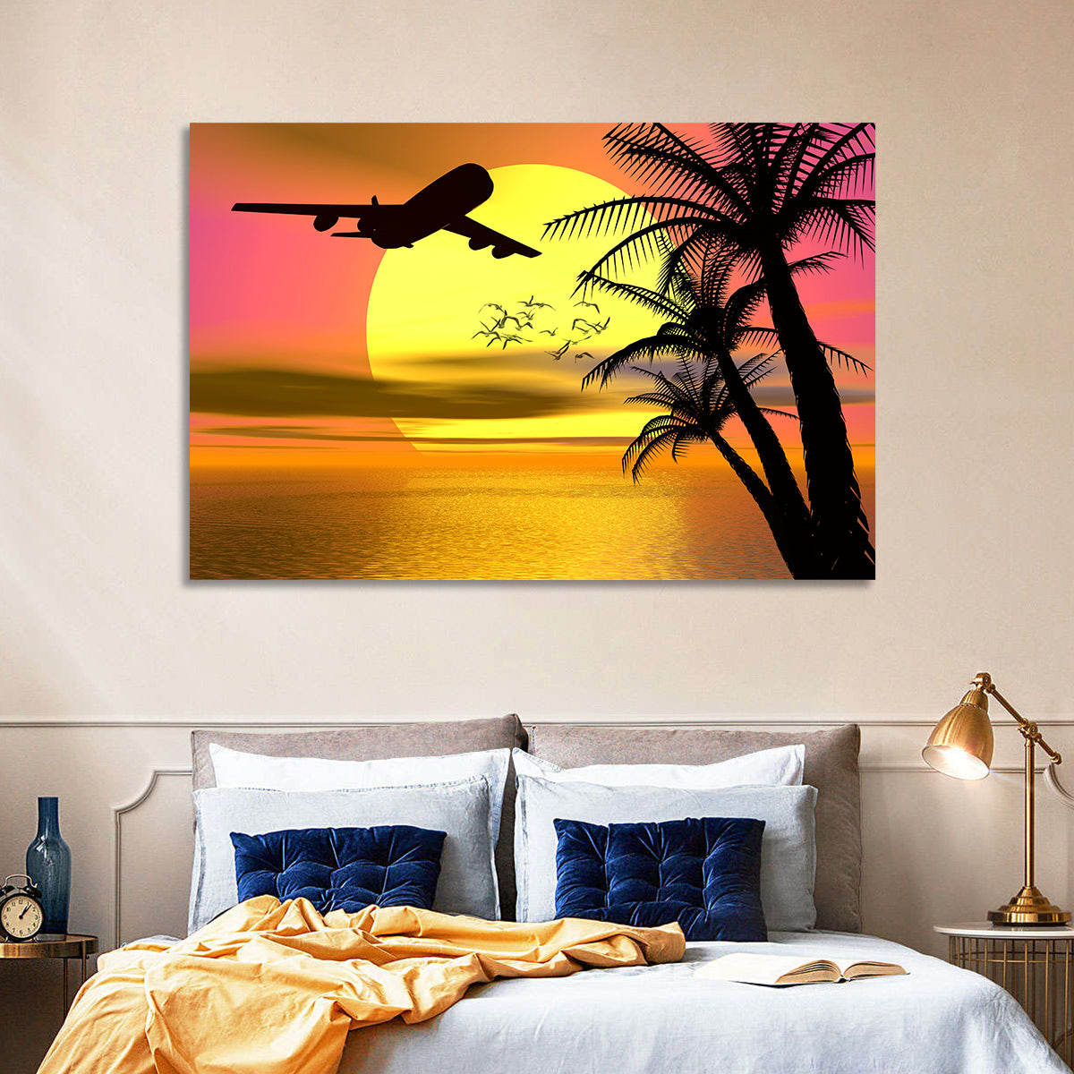 Wide-body Airplane Over Caribbean Dusk Wall Art in a room, landscape