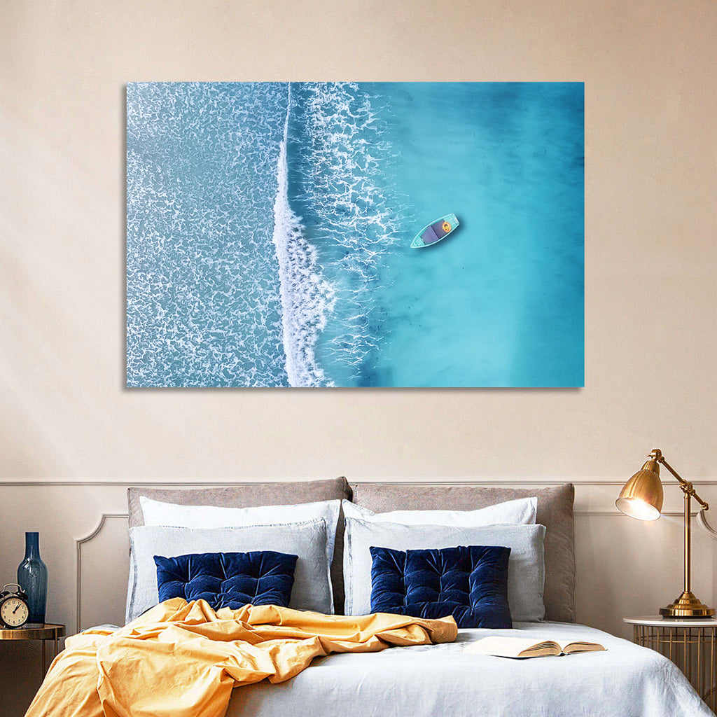 Lone Boat Over Turquoise Waves Wall Art