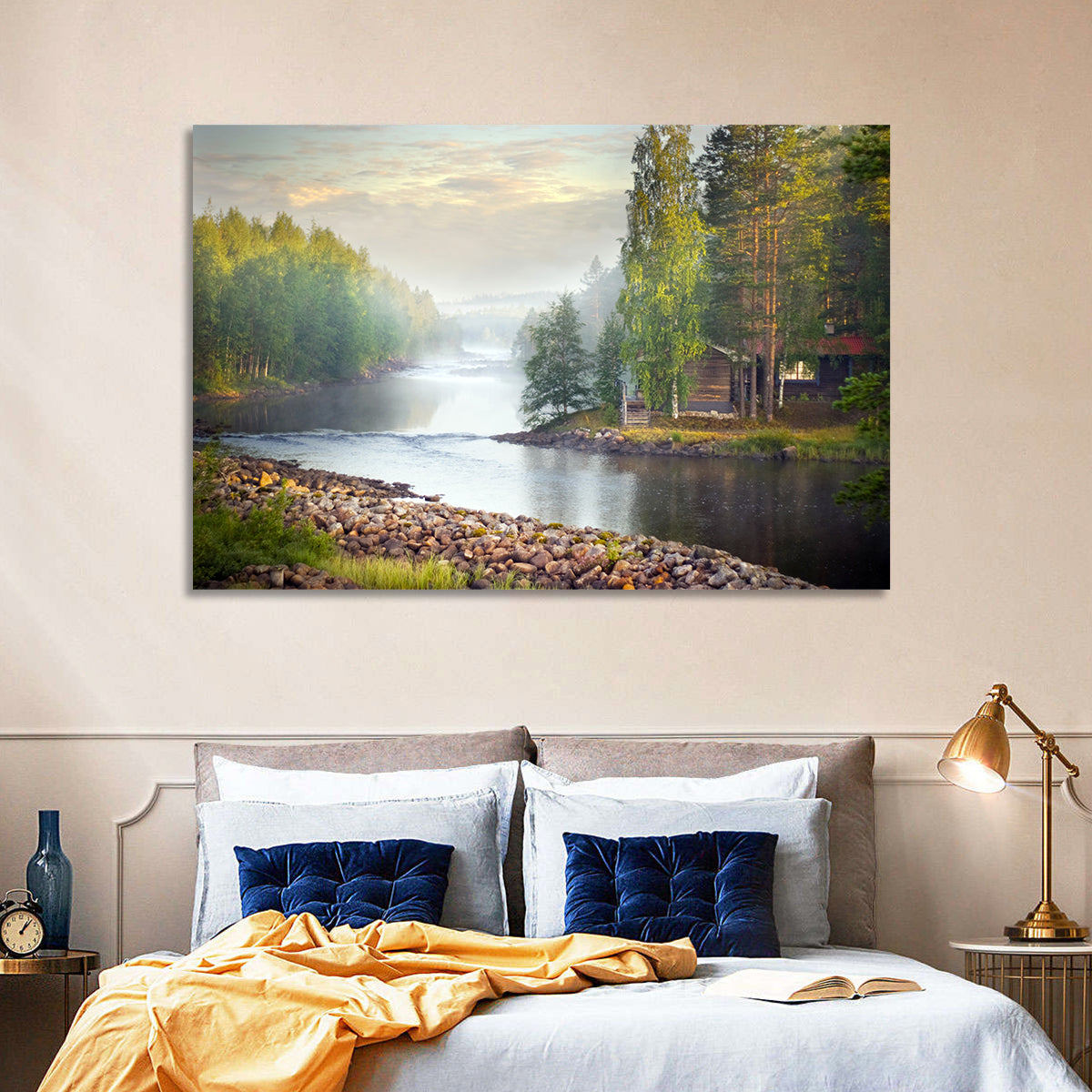 Misty River with Red Roof Cabin Wall Art in a room, landscape
