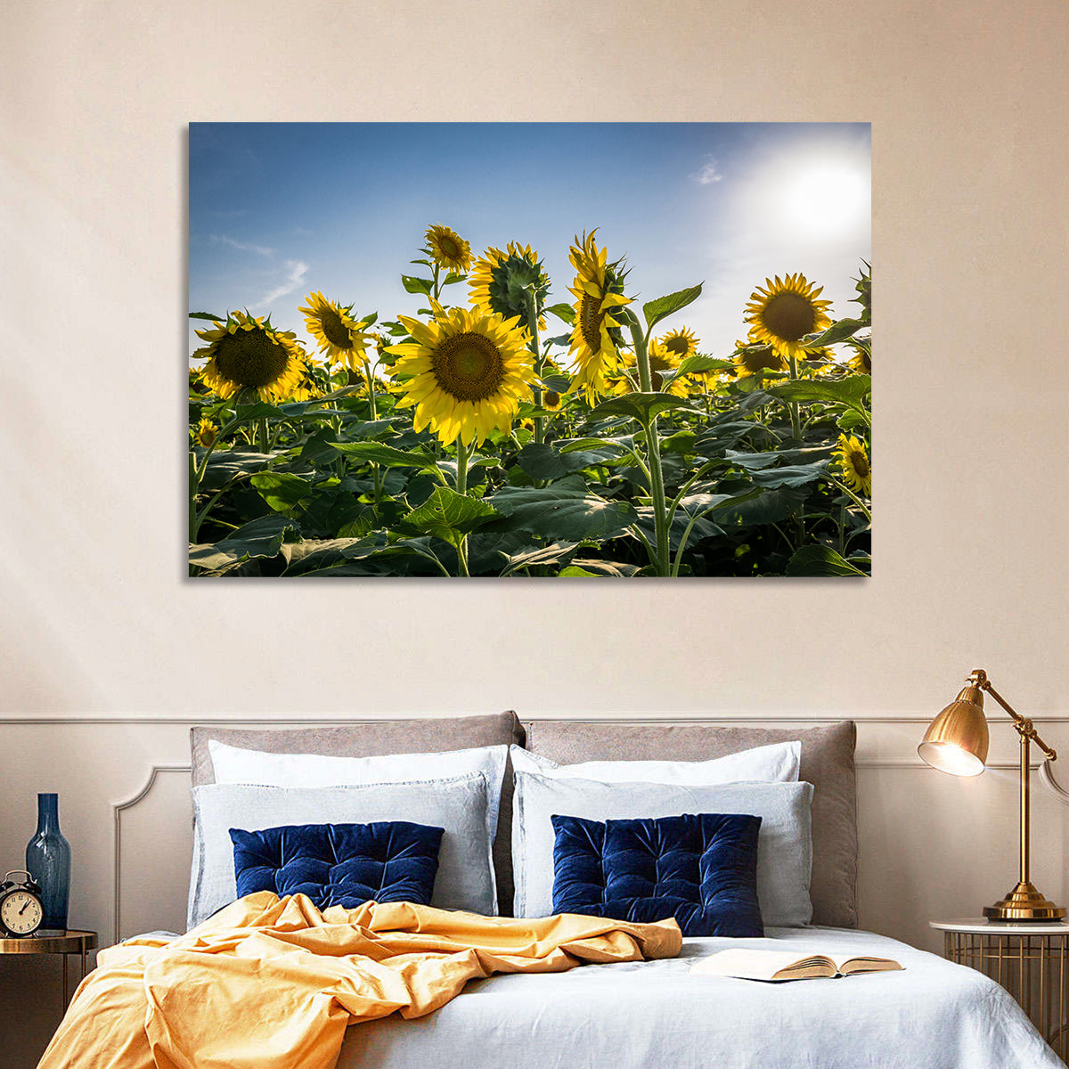 Backlit Sunflower Field Wall Art in a room, landscape