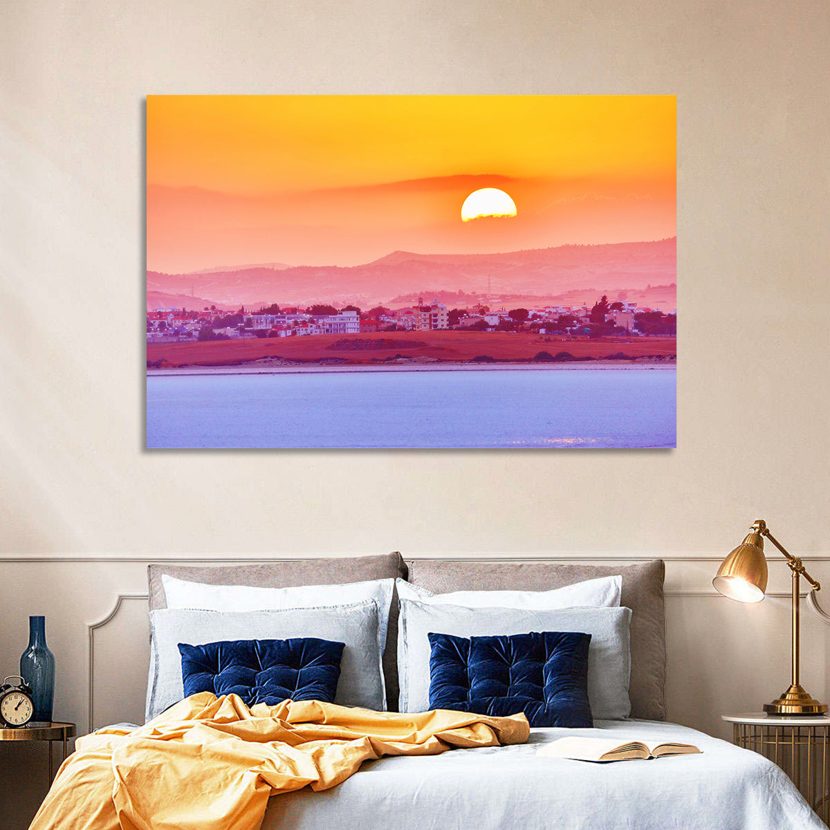 Golden Salt Lake Sunset Wall Art in a room, landscape