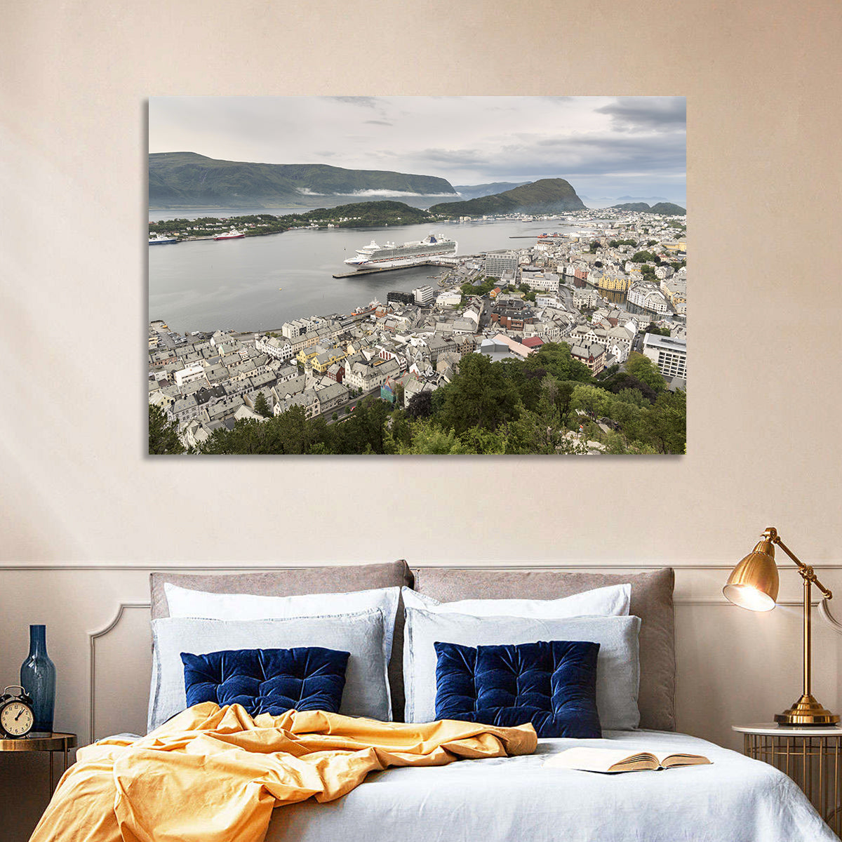 Alesund Harbor Cityscape Wall Art in a room, landscape