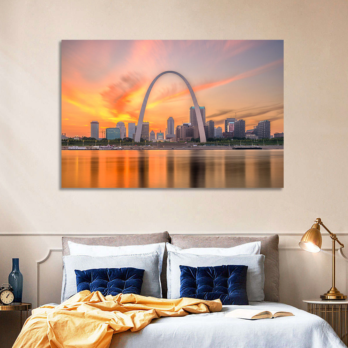 St. Louis Gateway Arch Skyline Wall Art in a room, landscape